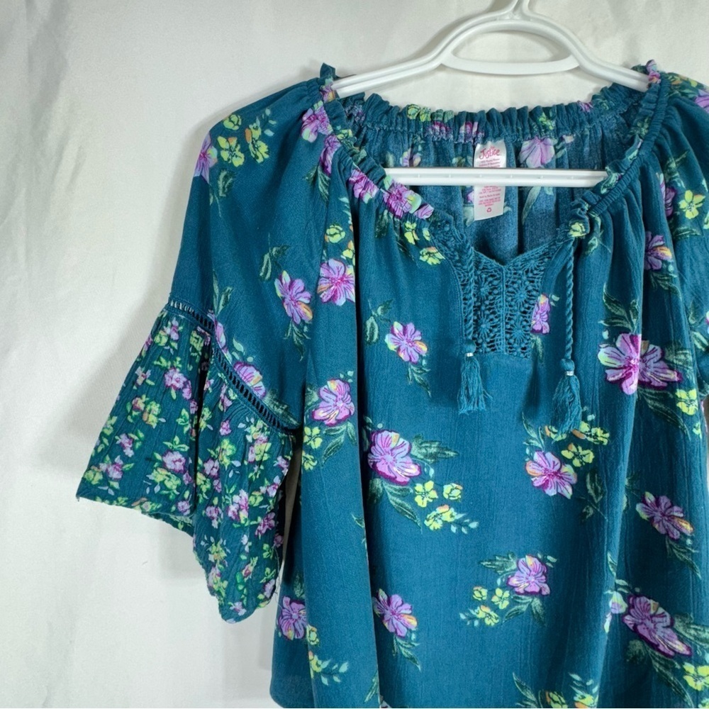 Justice Teal Boho Floral Bell Sleeve Peasant Blouse - Picture 2 of 4